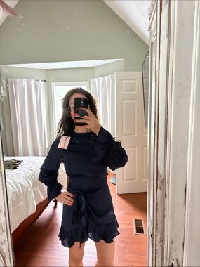 Hello Molly Navy Long-Sleeve Ruffle Mini Dress NWT